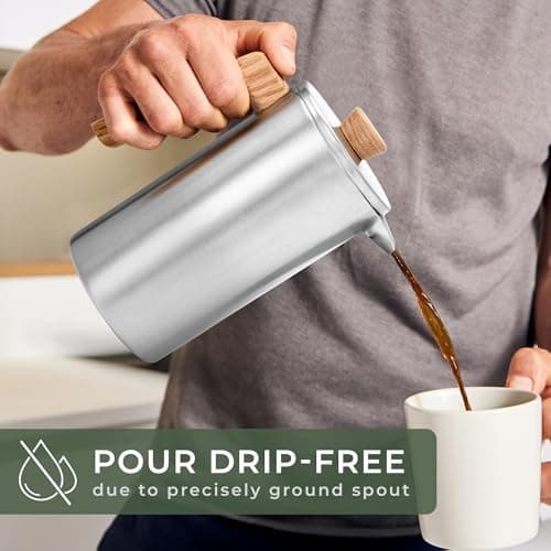 WALDWERK French Press (34 oz) - Non-Toxic Stainless Steel Double Wall French Press Coffee Maker - Plastic Free Coffee Press with Oak Wood Handle - No Plastic — view 2