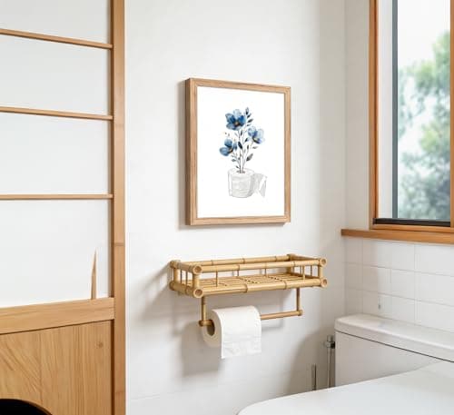 Framed bathroom Canvas Wall Art with blue flowers embellishing toilet paper Painting Picture Wall Decor elegant floral bathroom Poster Print Artwork forliving room bedroom restroom Home Decoration — view 2