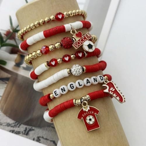 2026 World Cup England Bracelet Set, 7Pcs Stackable Beaded Stretch Bracelets with Soccer Jersey & Cleat Charms, England National Team Soccer Fan Jewelry, 2026 World Cup Game Day Souvenir — view 2
