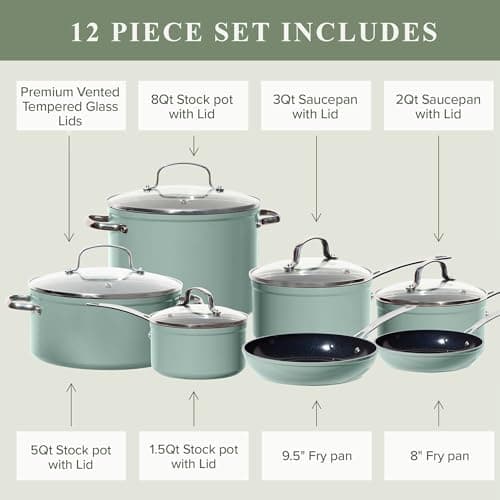 Nuwave Healthy Duralon Blue Ceramic Nonstick Cookware Set, Diamond Infused Scratch-Resistant, PFAS Free, Dishwasher & Oven Safe, Induction Ready & Evenly Heats, Tempered Glass Lids & Stay-Cool Handles — view 6