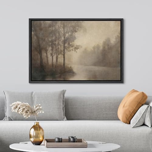 SIGNWIN Framed Moody Misty Forest River Landscape Nature Wilderness Modern Art Decorative for Living Room, Bedroom, Office - 24"x36" BLACK