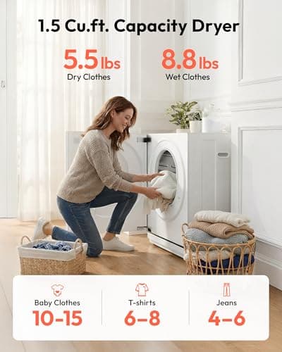 EUHOMY 1.5 Cu.ft. Portable Dryer with 4 Drying Programs, 5.5 lbs Clothes Capacity, Mirror Finish & LCD Touch Panel, 850W Portable Clothes Dryer for Apartment, Dorm & RV, White — view 3