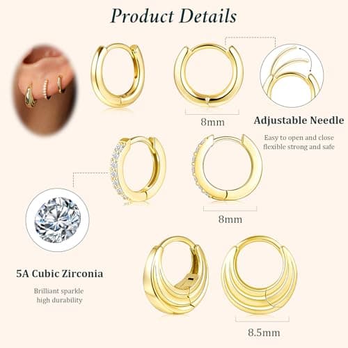 Poxtex Small 14K Gold Plated Huggie Hoop Earrings Set for Women, Hypoallergenic Trendy Hoops Stacks for Multiple Piercings, Dainty Cute Mini Lightweight Cartilage Helix Jewelry Gift Sensitive Ears — view 4