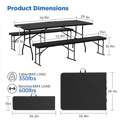 6 FT Black Picnic Folding Table Set with 2 Benches, Portable Patio Dining Sets for Backyard, Lawn, Event, Party, Camping — view 2