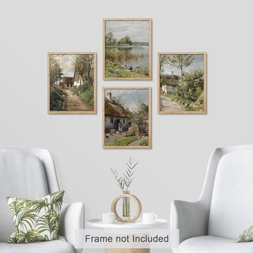 SIGNWIN Poster Charming European Cottage Scenes Rustic Village Landscape Wilderness Nature Illustrations Fine Art Decorative Country/Farmhouse Vintage for Living Room, Bedroom, Office - 8"x10"x 4