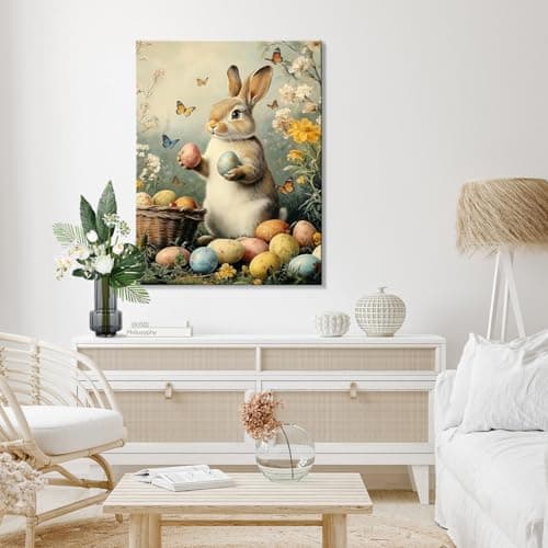 Easter Bunny Canvas Wall Art, Cute Rabbit and Easter Eggs Painting Prints, Vintage Farmhouse Spring Animal Picture, Modern Framed Easter Wall Decor for Bedroom, Living Room, Bathroom, Office 8×10In — view 7