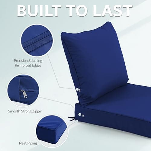 24x24 Inch Outdoor Chair Cushions Set of 2, Patio Furniture Cushions - Removable Cover, Water-Repellent, Fade-Resistant, Non-Slip Bottom & Straps, Replacement for Deep Seat Sofa & Couch - Navy — view 5