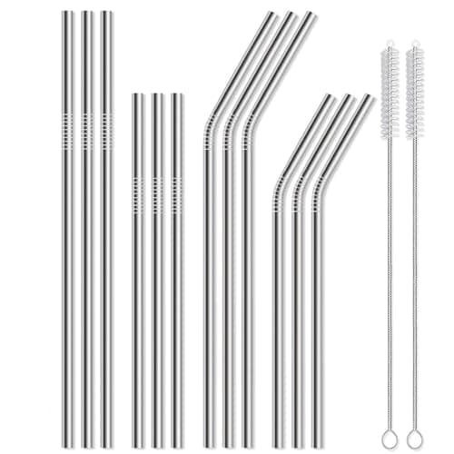 Lydnvjx 12 Pack of Reusable Stainless Steel Metal Straws, 3 Straight + 3 Bent 10.5 Inch and 3 Straight + 3 Bent 8.5 Inch Metal Straws with 2 Cleaning Brushes for 20 24 30 oz Tumbler Dishwasher Safef