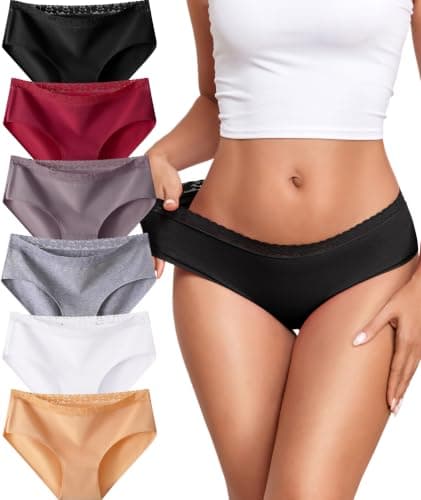 READY TO LOVE Cotton Underwear Womens Sexy Panties Lace Waistband Full Coverage Briefs Ladies Bikini Hipster 6 Pack