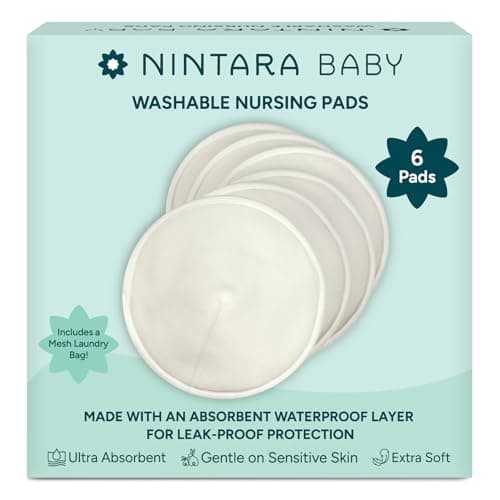 Nintara Baby Reusable Nursing Pads – Soft & Absorbent Breast Pads, Bamboo Viscose Blend, Contoured Fit, Leak-Resistant, Pack of 6 with Laundry Bag
