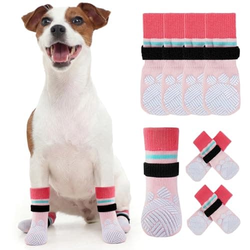 Kuoser Anti Slip Dog Socks to Prevent Licking Paws, Dog Grippy Socks for Hardwood Floors Hot Pavement, 4Pack Traction Control Booties Paw Protectors for Small Medium Large Senior Dogs, Pink S