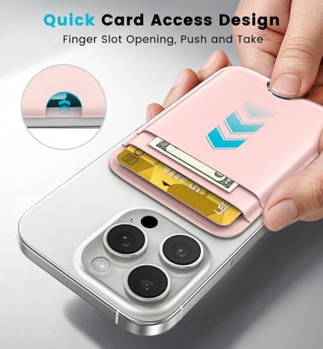 Wtuhu MagSafe Wallet with Full Find My Slim RFID-Blocking Vegan Leather Phone Wallet Portable Dual-Pocket 5 Cards Holder Strong Magnetic for iPhone 12–16 Series Not for 13/12 Mini (Pink) — view 2