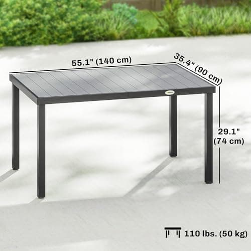 Outsunny 55" Outdoor Dining Table for 6, Rectangular Patio Table with Slatted Wood-Plastic Composite Top and Steel Frame for Garden, Backyard, Deck, Grey