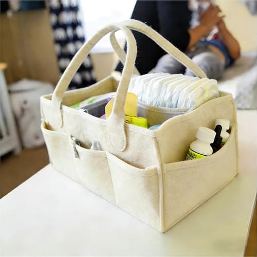 Diaper Caddy Organizer, Nursery Storage Bin Basket with Handle, Felt Diaper Organizer Suitable for Indoor Outdoor, White — view 3