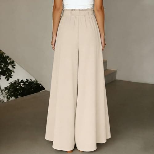 Palazzo Pants Women Summer Elastic High Waisted Wide Leg Flowy Pants for Beach Vacation Comfy Trousers with Pockets Beige