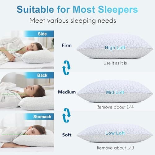 QUTOOL Cooling Pillow for Sleeping, CertiPUR-US Shredded Memory Foam Queen Pillows Set of 2, Cool Pillow for Hot Sleepers Adjustable Firm Pillow for Side, Back, Stomach Sleepers Soft Yet Support,White — view 4