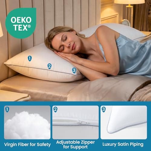 FP FLEXPEDIC Queen Soft Adjustable Pillows 4 Pack - Fluffy Bed Pillows for Sleeping, Down Alternative Fill, Zippered Plush Support, Hotel Quality, Oeko-TEX, Machine Washable, 110GSM Gray Piping — view 2