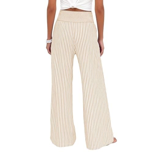 Women's Casual Wide Leg Striped Pants High Elastic Waist Loose Fit Clothing Fashion Palazzo Pants with Pockets S-3XL Khaki — view 4