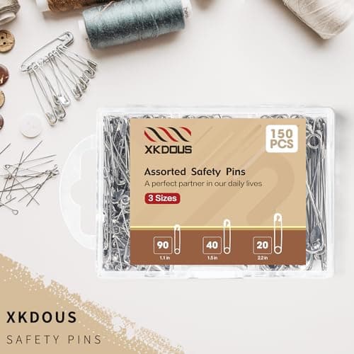 XKDOUS 3 Most Universal Safety Pins Assorted Sizes, Small & Large Safety Pins for Clothes, 150 Pack Silver Sharp Edge Pins for Clothing, Sewing & Craft Supplies — view 6