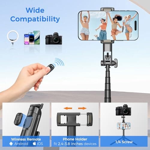 Selfie Stick Travel Tripod for Cell Phone with Remote Control and Phone Holder, Extendable Selfie Stick for iPhone, iPhone Tripod for Video Recording, 50 Inch, Black — view 5