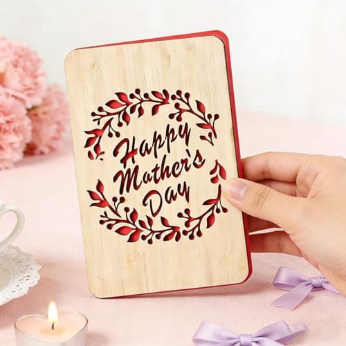 Wooden Mother's Day Card with Hollow Carved Pattern, Engraved Wood Greeting Card, 15x10cm Keepsake Postcard for Mom from Daughter Son (Olive) — view 3