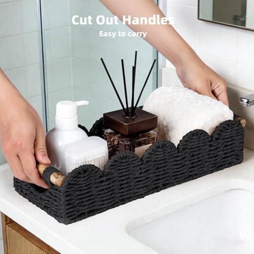 CubesLand Toilet Tank Paper Storage Basket Bathroom Counter Baskets for Organizing, Scalloped Decor Basket for Home, Living Room, Nursery, Wicker Bathroom Shelves Organization&Decorative Tray, Black — view 4
