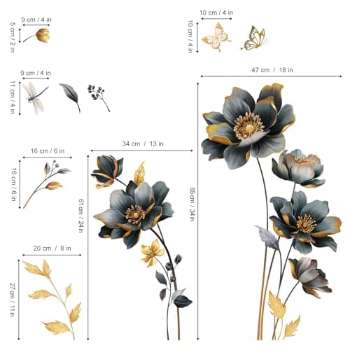 wondever Black Gold Flowers Wall Stickers 3D Floral Butterfly Peel and Stick Wall Art Decals for Living Room Bedroom Sofa TV Background — view 3