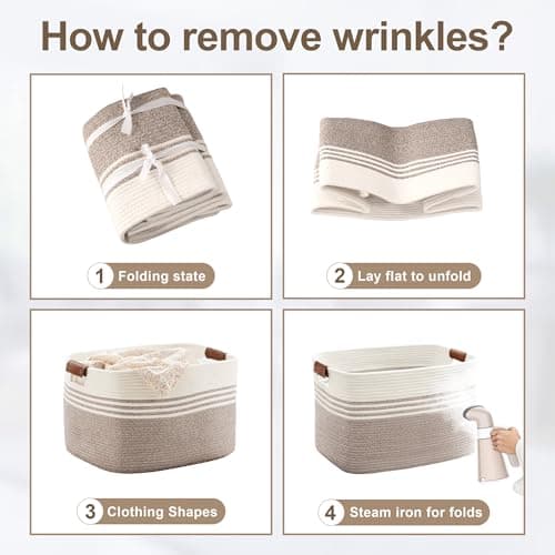 SunNewt 60L Large Laundry Basket with Leather Handles for Living Room Storage, Woven Rope Baskets Bin for Blanket, Gifts, Wicker Hamper for Bedroom Dirty Clothes, 21"x15"x11" White Brown — view 5