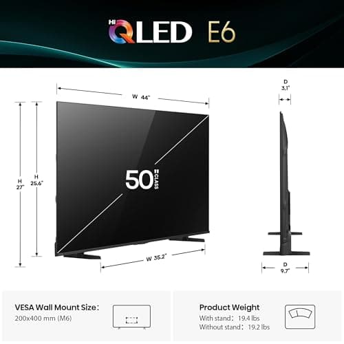 Hisense 50E6SF - 50" E6 Series Hi-QLED 4K UHD Smart Fire TV, AI Light Sensor, Dolby Vision · Atmos, Voice Remote with Alexa, Motion Rate 120, HDR 10+ Adaptive, Game Mode Plus (2026 New Model)