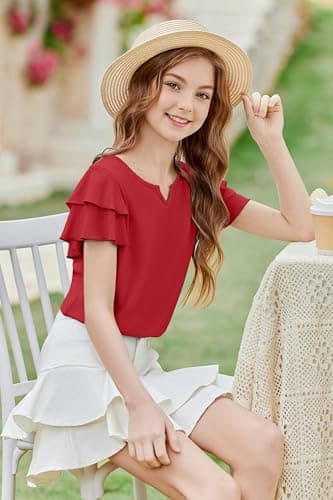 Arshiner Girls Red Shirts Little V Neck Tops Ruffle Sleeve Girl Clothes Casual Blouses for Kids Dressy Summer Soft Tee 7-8 Years — view 2