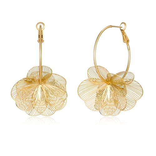 FAUTHENTICUTE Gold Flower Dangle Earrings for Women Big Lightweight Floral Statement Earrings With Thin Gold Hoop Trendy Boho Jewelry Gifts For Spring and Summer