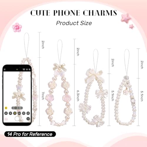 TINKRSTUFF 4 PCS Cute Phone Charms ABS Imitation Pearl Beaded Aesthetic Y2K Cellphone Wrist Strap Bedazzling Flower Bow Accessories Anti-Theft Chain String for Bag Keychain Airpods Camera Decor — view 2