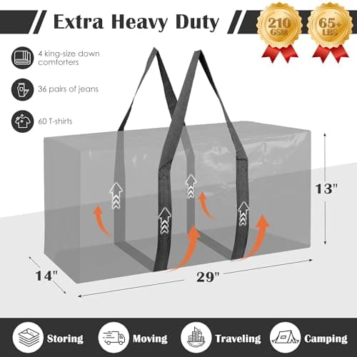 RMOHRO 6 Pack Moving Bags with Full-Open Side Zipper, Extra Large 93L Heavy Duty Waterproof Foldable Storage Totes for College Dorm, Moving & Home Organization Black