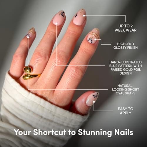Glamnetic Press On Nails - Short Oval Fake Nails with Greek-inspired Patterns, Gold Foil & Glossy Finish | Salon Quality Vacation Nails | Myko Muse | 15 Sizes - 30 Nail Kit with Glue — view 3
