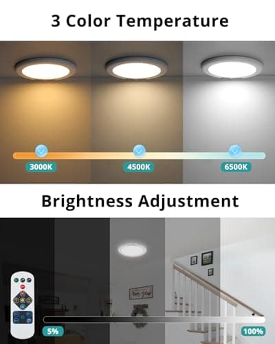 wowatt Rechargeable Ceiling Lights Battery Operated Ceiling Light with Remote Wireless Shower Lighting 3000K 4500K 6500K 7.48in Dimmable Timing Overhead Light for Closet Shower Living Room — view 5