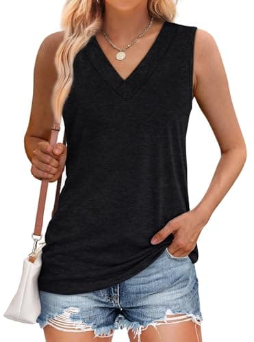 WIHOLL Womens Tank Tops Casual Loose Fit Spring Summer V Neck Outfits Sleeveless Black T Shirts Trendy Plain Cute Basic Business Dressy Clothes Fashion 2026 S
