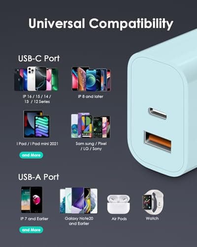 [4 Pack] USB C Charger Block Fast Charging Multiport Adpater [PD 20W USB-C & QC 3.0 USB-A Port] for iPhone 17/16/15/14/13/12/11/X/8, iPad, Galaxy, Google & More [Blue] — view 5