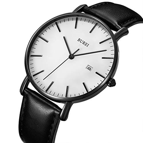 BUREI Men Watches Fashion Minimalist Waterproof Leather Watches for Men Women Student,White Black. — view 4