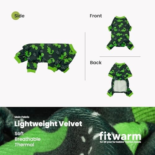 Fitwarm Dinosaur Dog Fleece Pajamas, Warm Clothes for Small Dogs Boy, Cozy Pet Onesie with Feet, Dark Green, Bright Green, Small — view 2