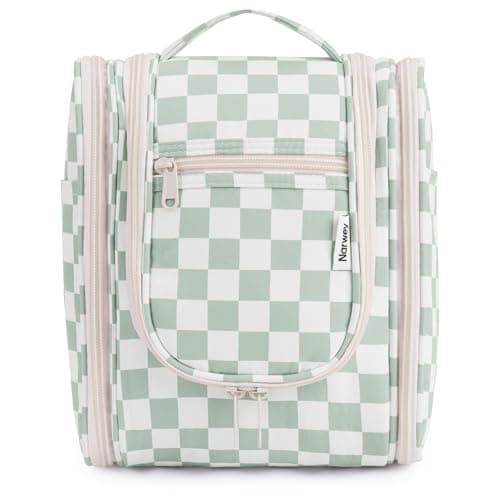Narwey Small Hanging Toiletry Bag Women Travel Toiletries Makeup Bag Cosmetic Make up Bags for Travel Size Essentials Accessories (Medium,Mint Green Checkerboard)