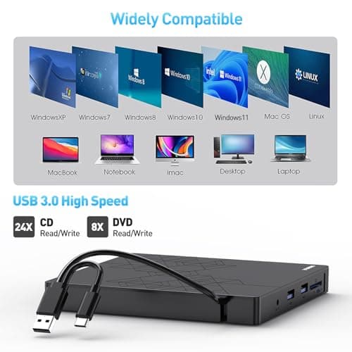 ORIGBELIE External DVD Drive, CD Drive USB 3.0 Typle C CD/DVD ROM +/-RW Adapter with USB Port DVD Burner for Laptop PC Desktop Computer, Optical Disk Drive CD Player Compatible with Mac Windows Linux — view 4
