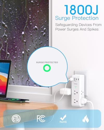 Surge Protector Outlet Extender - with Rotating Plug, 6 AC Multi Plug Outlet with 4 USB Ports (2 USB C), 1800 Joules, 3-Sided Swivel Power Bar with Spaced Splitter for Home, Office, Travel — view 4