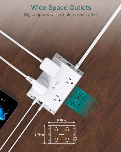 Addtam Power Bars with Surge Protector, 5FT Flat Extension Cord with Multiple Outlets, Power Strip with 4 USB Ports (2 USB C), 4 Wide Outlets Charging Station for Home Office Dorm Room Essentials — view 5