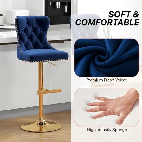 GOOLON Bar Stools Set of 2, Velvet Swivel Counter Height Stools with Tufted Back, Adjustable Seat with Nailheads Trim, Upholstered Bar Chairs with Gold Base for Kitchen Island, Pub, Blue — view 3