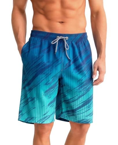 ELETOP Men's 9 Inch Quick Dry Swim Trunks 4 Way Stretch Swim Shorts Beach Men's Bathing Suit Swimwear with Mesh Lining Teal Blue Diagonal XL