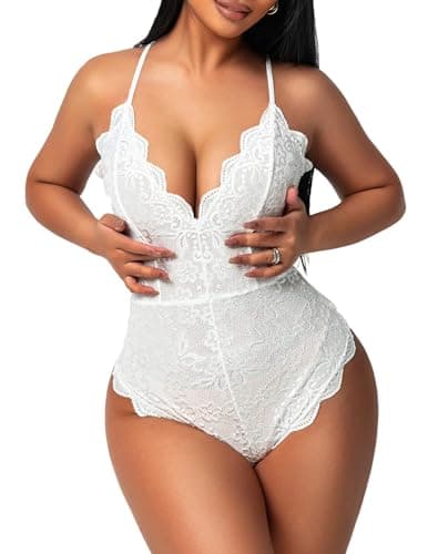 Avidlove Women One Piece Lingerie Deep V Teddy Sexy Lace Bodysuit Snap Crotch Babydoll(Double Layers - White,L)