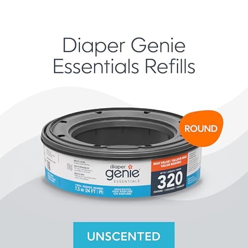 Diaper Genie Essentials Round Refill 4-Pack | Holds Up to 1280 Newborn Diapers | Features Unscented Continuous Film | Compatible with Diaper Genie Complete and Expressions Pails