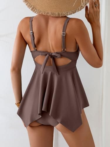 Aidonger Tankini Swimsuit for Women Tummy Control Two Piece Bathing Suit V Wire Neck Swimwear Flowy Swim Suit Top with Bottom Coffee — view 3