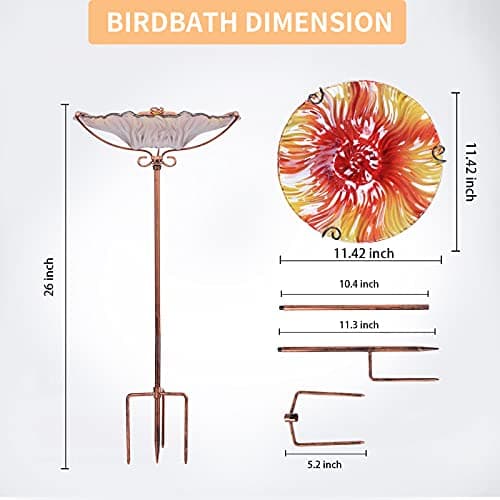 MUMTOP 26 Inch Height Glass Birdbath Birdfeeder with Metal Stake Garden Outdoor Red — view 3