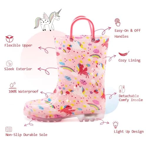 EUXTERPA Kids Toddler Light Up Rain Boots Girls Waterproof Patterns and Glitter Boots with Easy On Handles, Pink Unicorn, Little Kid Size 13 — view 2